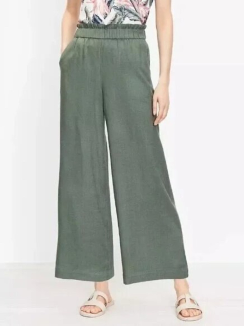 Loft Linen Blend Wide-Leg Green Pants Small